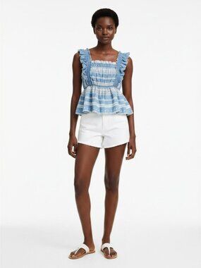Smocked Peplum Top Blue White Embroidered Eyelet Boho OS